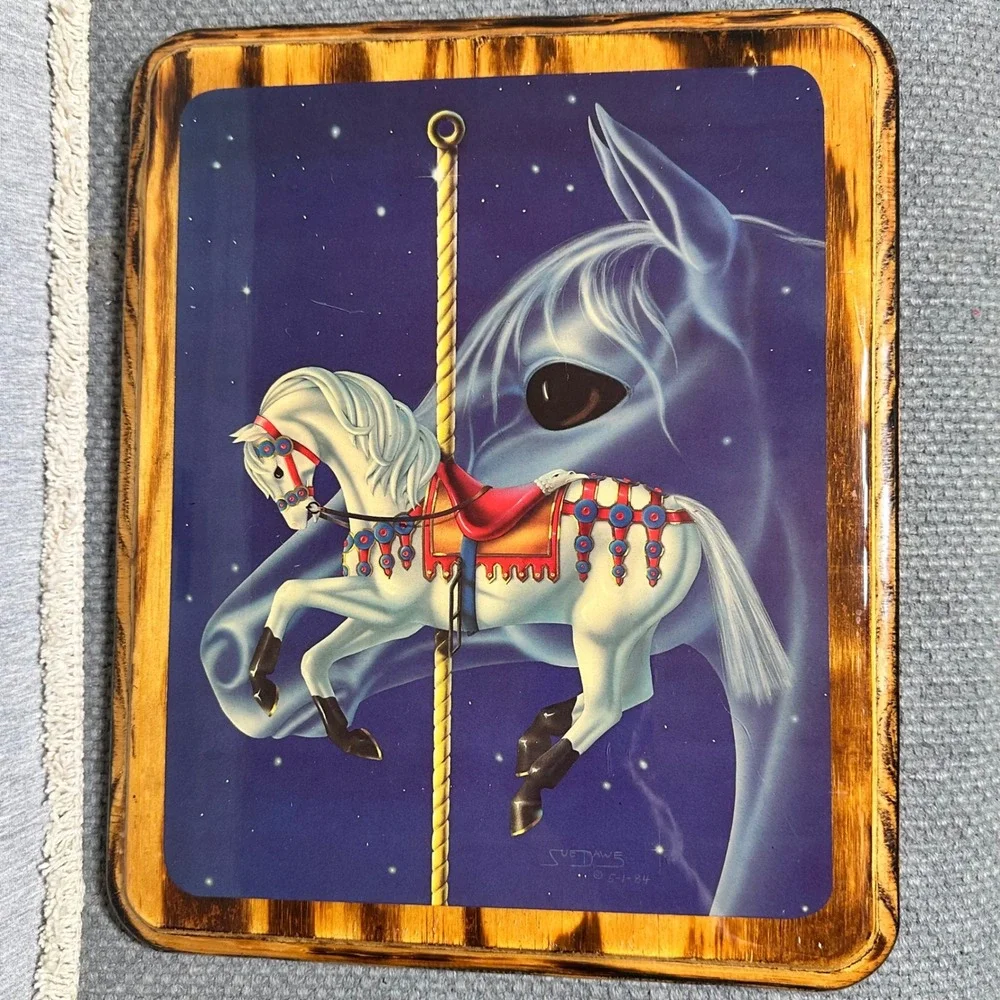Vintage 1984 Sue Dawe Carousel Horse Wood Wall Art Plaque Fantasy Starry Night